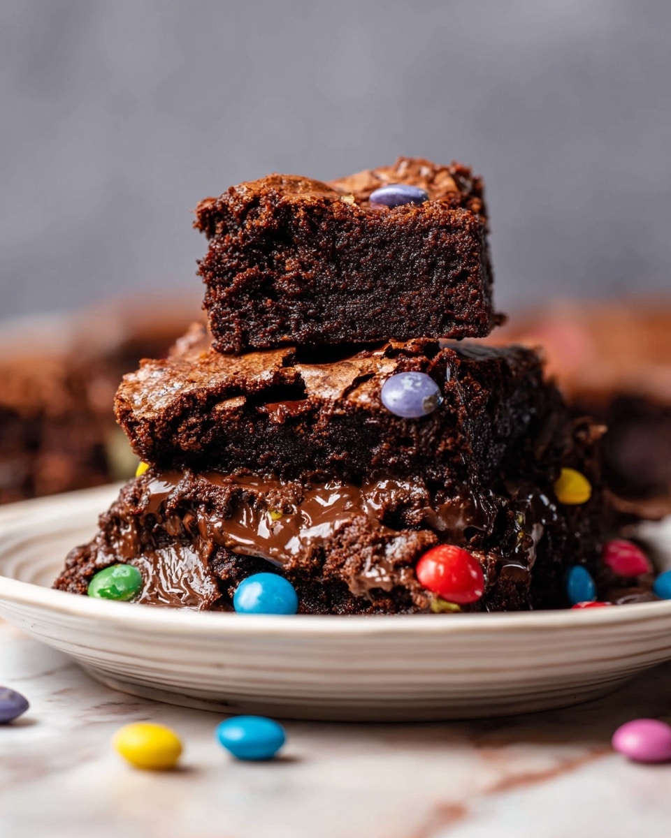A stack of rich, dark chocolate brownies sits on a white plate with faint stripes, placed on a white marbled surface. The base layer is a thick, gooey brownie with a shiny, slightly melted texture, dotted with small, colorful round candy pieces in red, yellow, blue, green, and purple scattered on and around the brownies. On top of this base is a smaller square piece of brownie, showing a moist, dense interior. The brownies have a slightly rough, crinkled surface with some cracks, giving a homemade look. Photo taken with an iphone --ar 4:5 --v 7