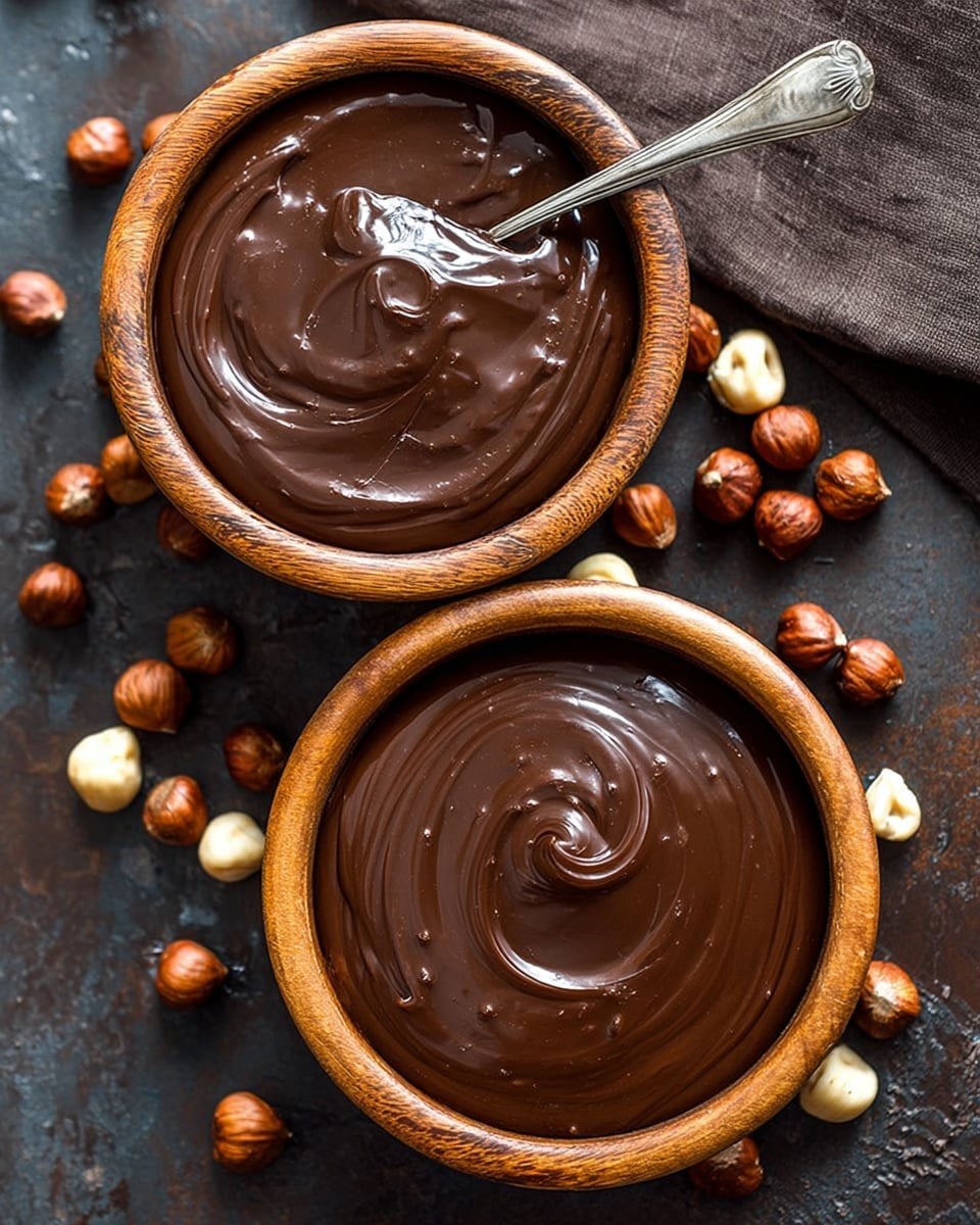 Two wooden bowls filled with smooth, shiny dark chocolate spread sit on a dark surface. The bowl in the front is full and has gentle swirls on the chocolate surface. The bowl at the top shows a silver spoon resting inside with some chocolate on it. Around the bowls, there are scattered whole hazelnuts and some shelled hazelnuts. The texture of the chocolate appears creamy and thick. photo taken with an iphone --ar 4:5 --v 7