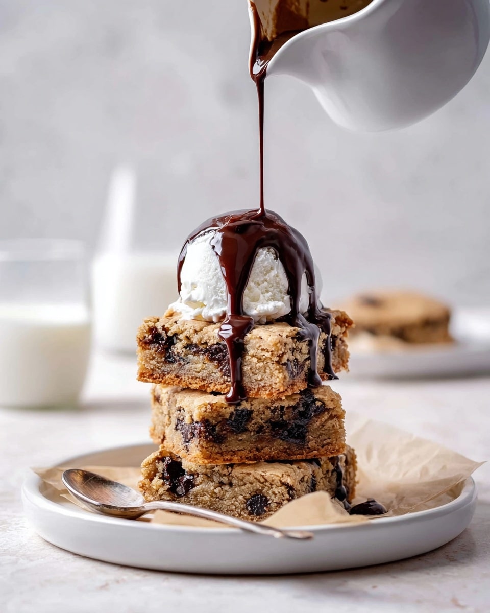Three stacked square pieces of chocolate chip cookie bars sit on a white plate with a piece of parchment paper. On top of the stack is a round scoop of white vanilla ice cream. Dark chocolate sauce is being poured from a white pitcher directly onto the ice cream, dripping down over the cookie bars. The cookie bars have a golden brown color with visible dark chocolate chips inside. A silver spoon rests on the plate beside the stack. The plate is placed on a white marbled textured surface, and a blurred glass container with milk is in the background. photo taken with an iphone --ar 4:5 --v 7