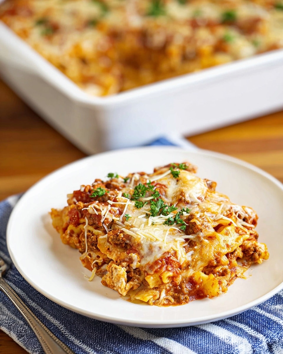 A serving of baked pasta is placed in the center of a white plate, showing three main layers: a bottom layer of sauce with chunks of tomato and pasta, a middle layer with browned ground meat mixed with noodles, and a top layer of melted cheese sprinkled with small green parsley leaves and some grated cheese strands. The dish is creamy with reddish-orange sauce covering the pasta and meat, giving a rich texture. The white plate sits on a wooden surface next to a blue and white striped cloth napkin, with a white baking dish filled with more pasta in the blurred background. photo taken with an iphone --ar 4:5 --v 7