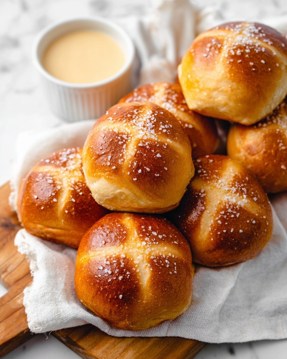 A group of golden brown soft rolls with shiny crusts rests on a white cloth atop a wooden board. Each roll has a small cross cut on top and is sprinkled with coarse salt crystals, showing a slightly rough texture. In the upper part of the image, there is a white bowl filled with a smooth, creamy light beige sauce. The background is a white marbled texture, creating a clean and bright setting. photo taken with an iphone --ar 4:5 --v 7
