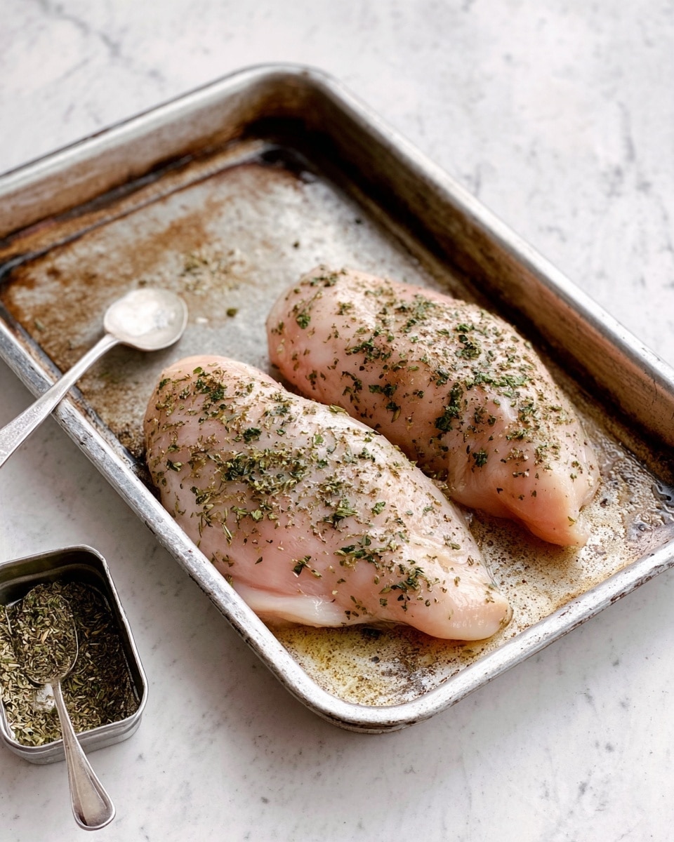 Two pieces of uncooked chicken covered in green herbs lie side by side in a silver baking tray with a worn texture inside. The chicken pieces are pale pink and shiny with a light sprinkle of dried herbs, giving a mix of green and brown specks on their surface. The tray rests on a white marbled surface with a small open tin of dried herbs and a silver spoon on the lower left near the tray. The photo taken with an iphone --ar 4:5 --v 7