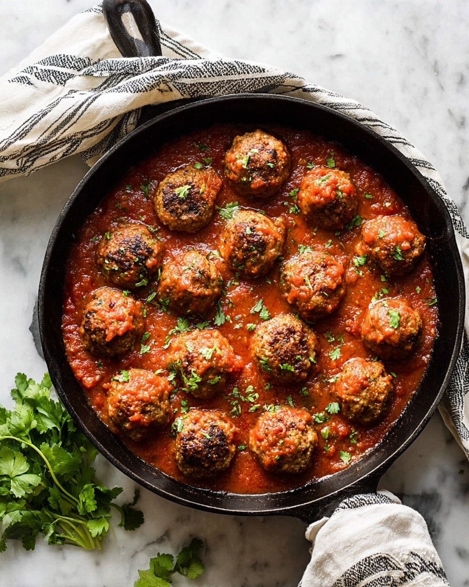 A black cast iron pan filled with about sixteen round meatballs browned on top, each partly covered with a thick, red tomato sauce. The sauce is chunky, and bright, with small bits of green herbs scattered over the meatballs and sauce. The pan handle extends to the bottom right, and part of a white and black striped cloth is draped in the top right corner. Fresh green herb leaves are placed on a white marbled surface to the bottom left of the pan. photo taken with an iphone --ar 4:5 --v 7