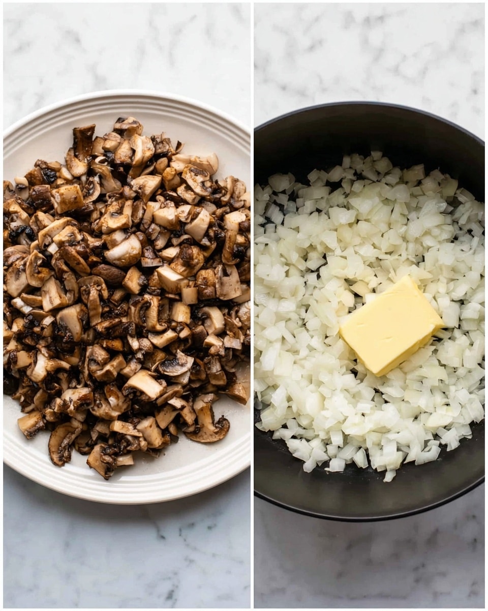 The image shows two side-by-side views of chopped vegetables ready for cooking. On the left, there is a white plate filled with small pieces of cooked mushrooms, showing a mix of light and dark brown colors with a slightly glossy texture. On the right, a black pot contains a layer of finely chopped white onions covering its bottom, with a pat of yellow butter resting on top in the middle. Both parts of the image are set on a white marbled surface. Photo taken with an iphone --ar 4:5 --v 7