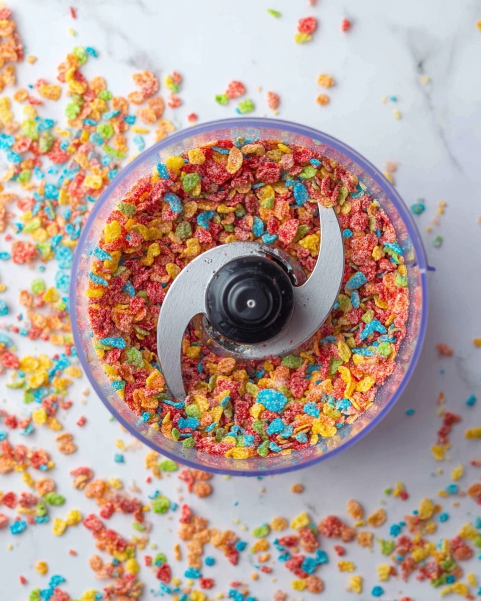 The image shows a close-up of a food processor bowl filled with colorful crushed cereal pieces, mainly red, blue, yellow, green, orange, and pink bits. The cereal pieces are small and uneven, lying under the curved, silver blade in the center of the bowl. Some pieces are scattered on the white marbled surface around the bowl, creating a playful, colorful scene. The bowl is clear plastic, allowing the bright colors of the cereal to stand out vividly. Photo taken with an iphone --ar 4:5 --v 7