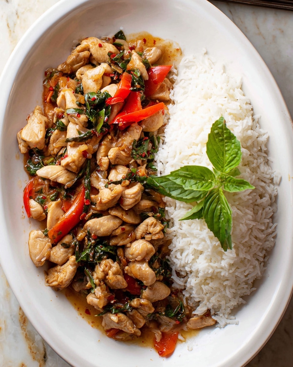 A white oval plate holds a dish with two main parts: on the right, a neat pile of plain white rice with visible grains, and on the left, a mix of cooked chicken pieces in a light brown sauce with slices of red bell pepper and dark green basil leaves scattered throughout; the chicken pieces are small and uneven, coated in sauce with a slight shine, and fresh green basil leaves are placed on top for garnish, all set on a white marbled surface. photo taken with an iphone --ar 4:5 --v 7