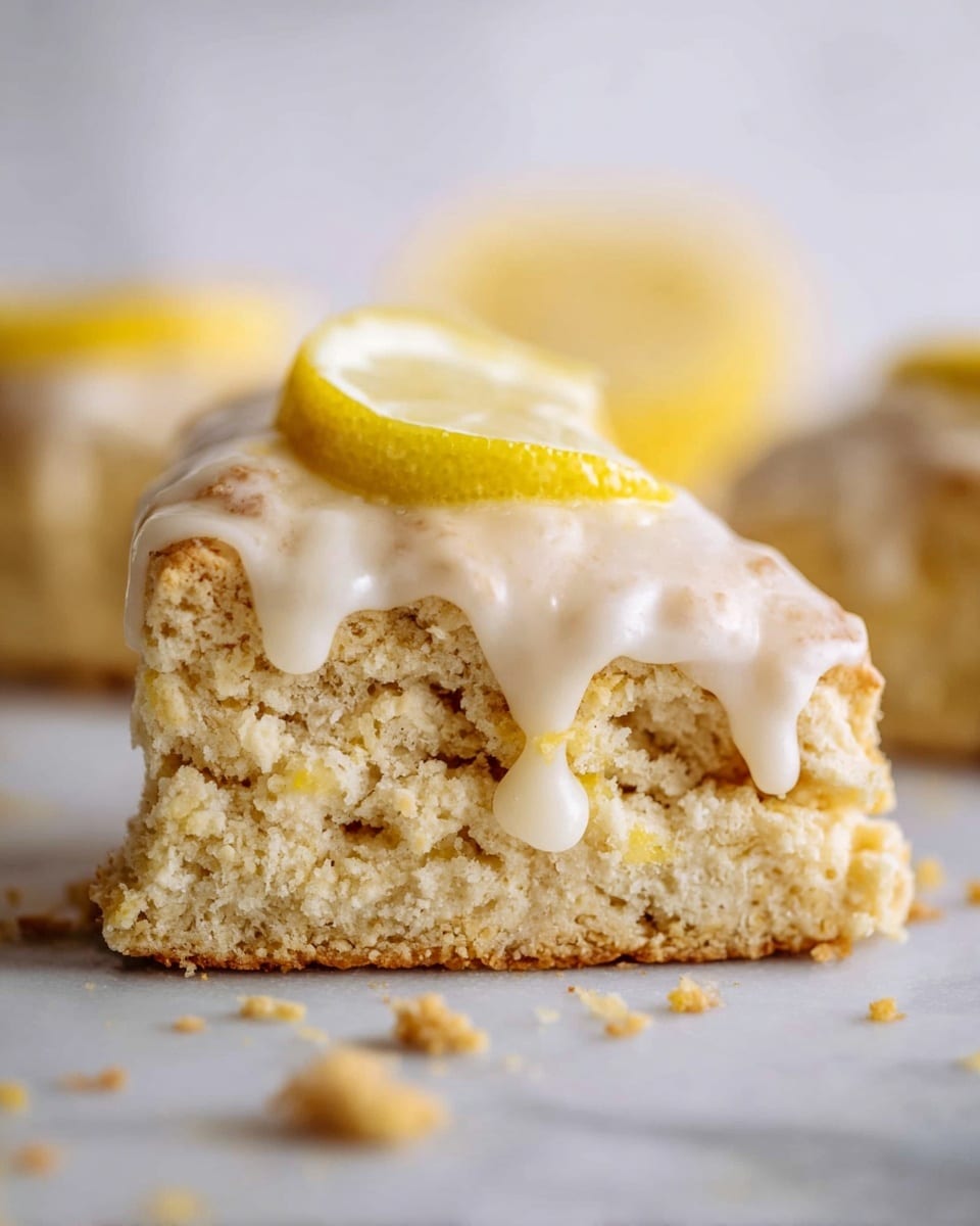 A close-up view of a single slice of lemon scone with two main layers of soft, crumbly, pale yellow dough. The top is covered with shiny white icing that drips down the sides. On the very top, there is one thin slice of lemon with bright yellow color and a textured peel. Crumbs scattered around the base on a white marbled surface. In the blurred background, there are more similar scones. Photo taken with an iphone --ar 4:5 --v 7