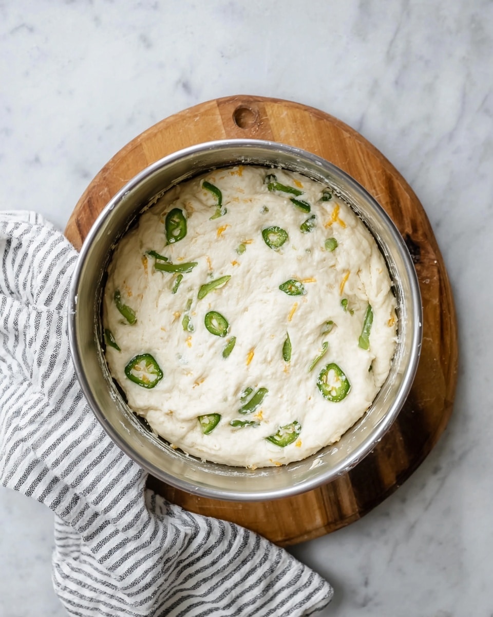 A shiny metal bowl filled with smooth thick white dough that has green jalapeño slices and small yellow cheese pieces mixed inside. The dough fills the bowl almost to the top and shows soft, uneven texture with some little air bubbles. The bowl sits on a wooden board, all placed on a white marbled surface. A striped cloth is partly visible on the side. Photo taken with an iphone --ar 4:5 --v 7
