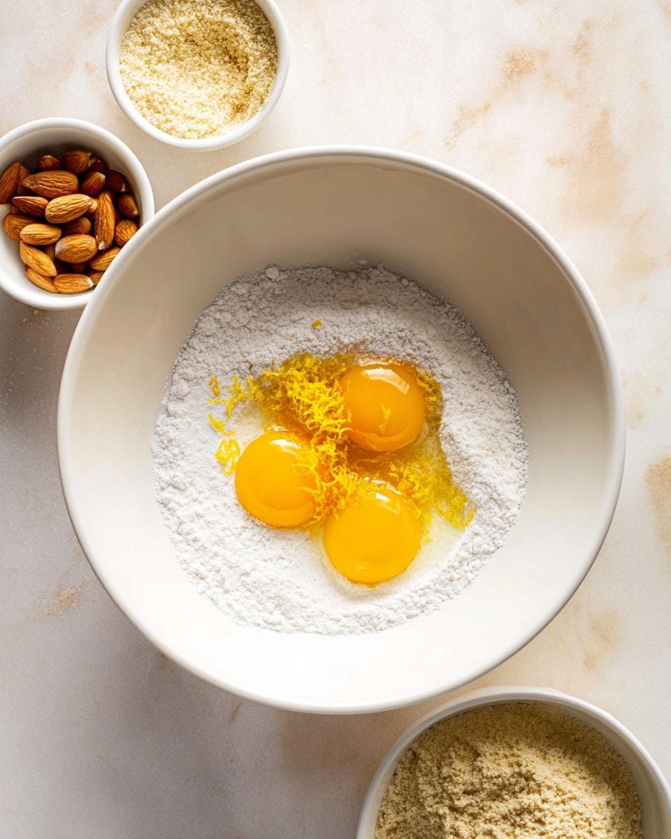 The image shows a white bowl containing four bright yellow egg yolks sitting on top of a fine white granulated sugar layer, topped with a small pile of fresh yellow lemon zest in the center. Around the bowl are small white bowls filled with sliced almonds and a beige powder, possibly flour or breadcrumbs, all placed on a white marbled surface. The textures of the sugar, zest, and egg yolks are clearly visible, highlighting the mix of smooth, fluffy, and granular layers. Photo taken with an iphone --ar 4:5 --v 7