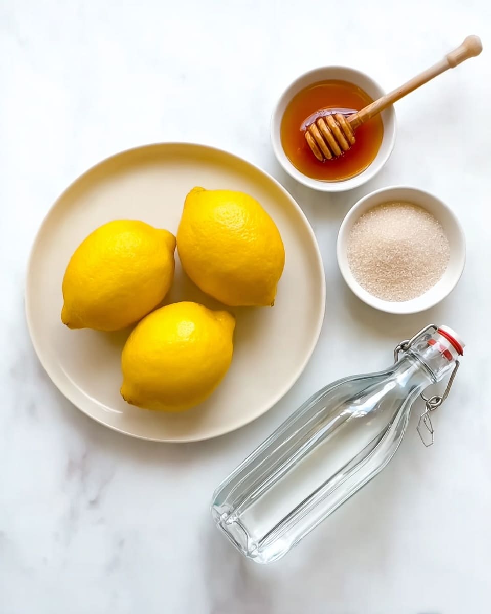 The image shows three bright yellow lemons placed on a large white plate in the center. To the top right of the plate, there is a small white bowl filled with amber honey, alongside a honey dipper resting on its edge. Below the honey, there is another small white bowl filled with white granulated sugar. At the bottom right, a clear glass bottle with a secure clasp lid lies diagonally, partially filled with water. The background is a white marbled surface, making all the items stand out clearly. photo taken with an iphone --ar 4:5 --v 7
