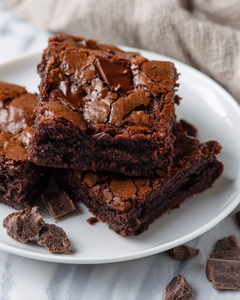 Three thick square chocolate brownies with a cracked, shiny top surface showing chunks of dark chocolate melted in and on top, placed overlapping each other on a white plate. The texture looks dense and fudgy with some crumbly edges, and scattered small chocolate pieces are around the plate. The plate sits on a white marbled surface with a soft cloth nearby. Photo taken with an iphone --ar 4:5 --v 7