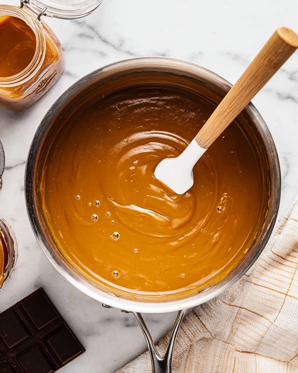 A close-up image of a shiny silver pot filled with a smooth, creamy caramel-colored sauce being stirred by a white spatula with a wooden handle placed upright in the middle. The sauce has a glossy texture with gentle swirls and bubbles on the surface. To the left of the pot, there is a jar with some caramel sauce inside and a dark rectangular object, while to the right, a white and beige checkered cloth rests on a white marbled surface. photo taken with an iphone --ar 4:5 --v 7
