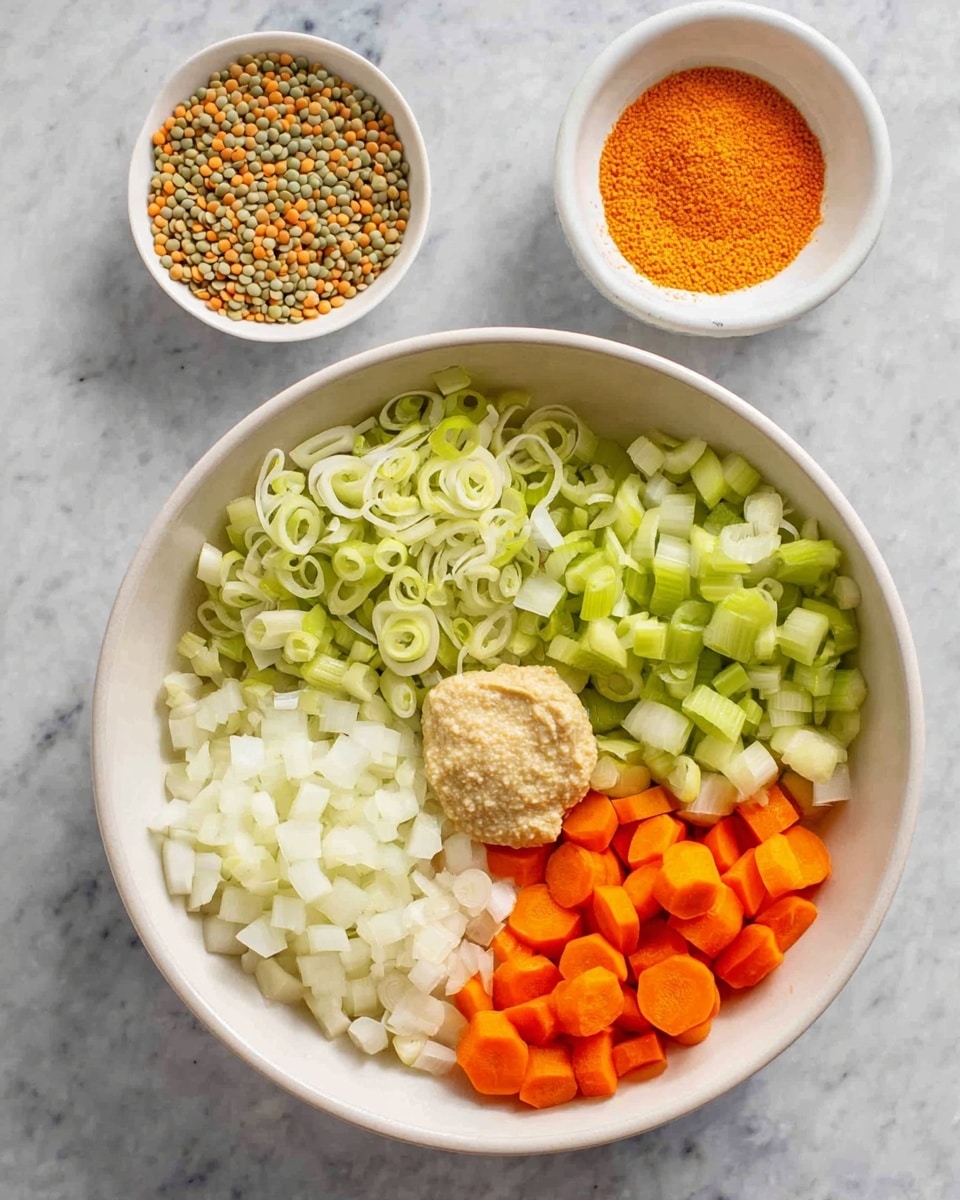 A white bowl filled with five sections of chopped vegetables and a paste, arranged neatly. Starting from the top left is light green sliced leeks with curly textures, below it is white diced onions with a soft, chunky look. To the right of the onions, bright orange carrot slices are thin and round. Below the carrots are light green chopped celery pieces with square shapes. In the center of the bowl, a small pale beige paste sits on top of the vegetables. Above this large bowl are two small white bowls on a white marbled surface: one is filled with multicolored round dried lentils in shades of beige, orange, and green, and the other holds a fine bright orange powder. Photo taken with an iphone --ar 4:5 --v 7