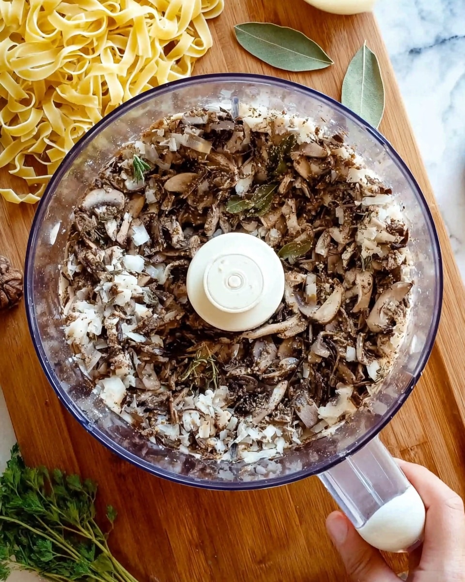 The image shows a close-up top view of a clear food processor bowl filled with a mix of finely chopped mushrooms and onions, both appearing in uneven small pieces with a mix of brown and white colors. The processor sits on a wooden board with a small pile of uncooked tagliatelle pasta visible at the top of the frame in pale yellow shades. To the bottom left, there is a bunch of fresh green herbs, and two dried bay leaves lay near the base of the board. A woman's hand holds one side of the food processor, which has a white handle. The background surface is a white marbled texture. Photo taken with an iphone --ar 4:5 --v 7