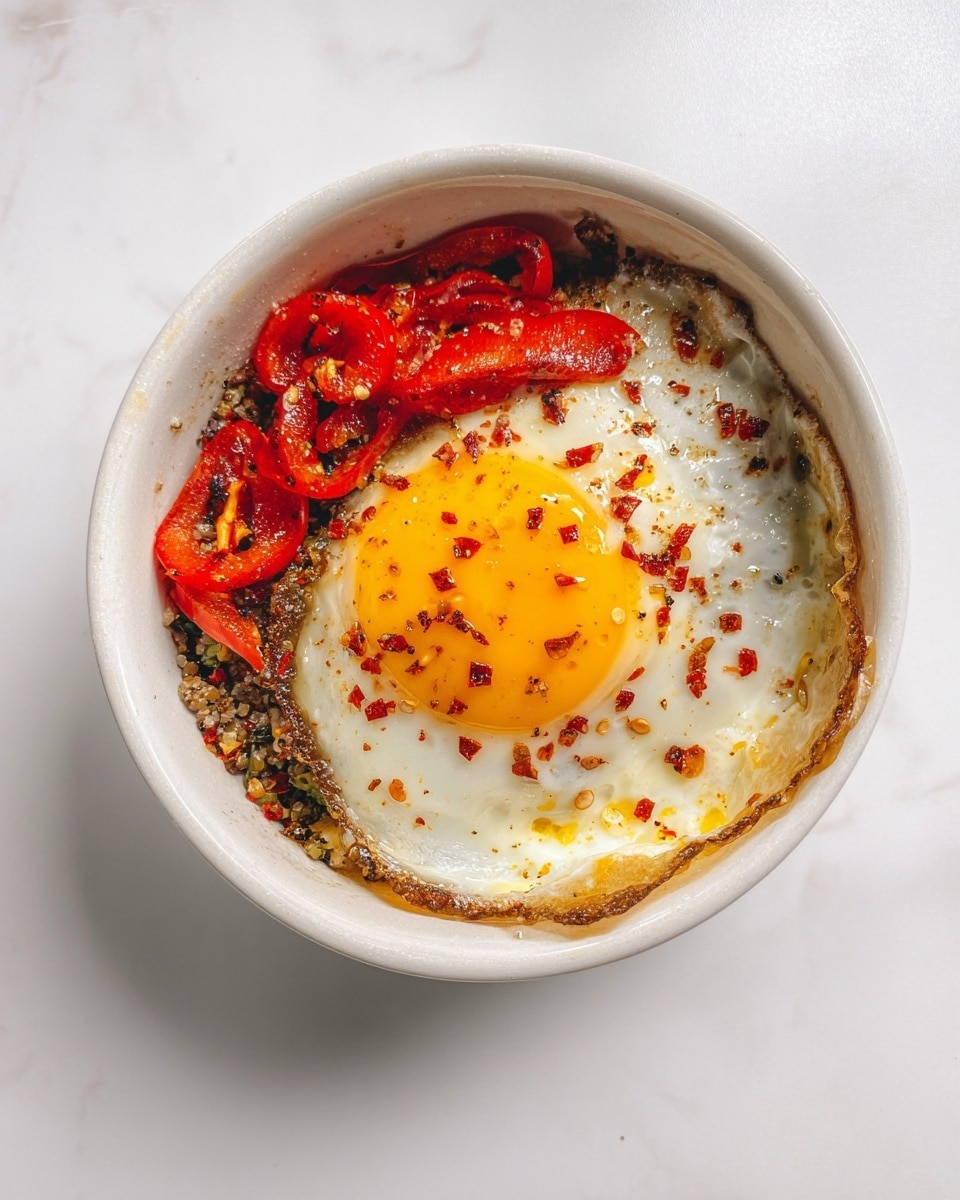 A white bowl with three main layers is shown on a white marbled surface. The bottom layer is a mix of cooked ground ingredients with green and brown colors and some visible texture, forming the base. On top of this is a layer of thin red pepper slices, spread out and sprinkled with red chili flakes. Lastly, on one side of the bowl, there is a sunny-side-up egg with a bright yellow yolk and a glossy white around it that spills slightly over the base layers. The edges of the bowl are lined with a slightly burnt parchment paper. Photo taken with an iphone --ar 4:5 --v 7