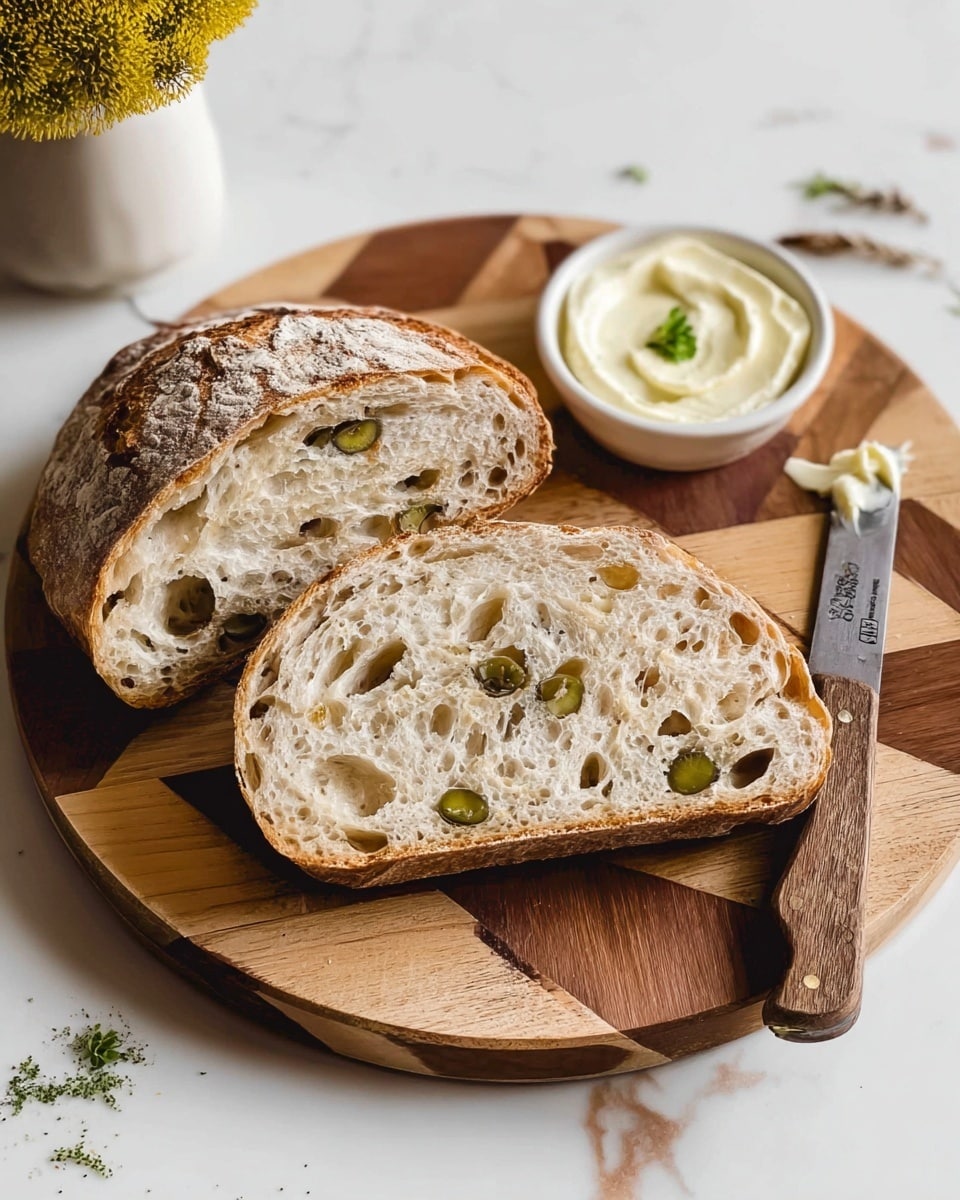 Two slices of bread with visible green olives inside are placed on a round wooden cutting board with a geometric pattern. The bread is light brown with a textured crust and an open, airy crumb showing many holes. Next to the bread, there is a small white bowl filled with creamy butter topped with a small green herb leaf, and a knife with a wooden handle lies beside it, partially smeared with butter. The board rests on a white marbled surface, and there is a tiny sprig of green herb scattered nearby. In the top left corner, part of a white vase with yellow-tinted flowers is visible. Photo taken with an iphone --ar 4:5 --v 7