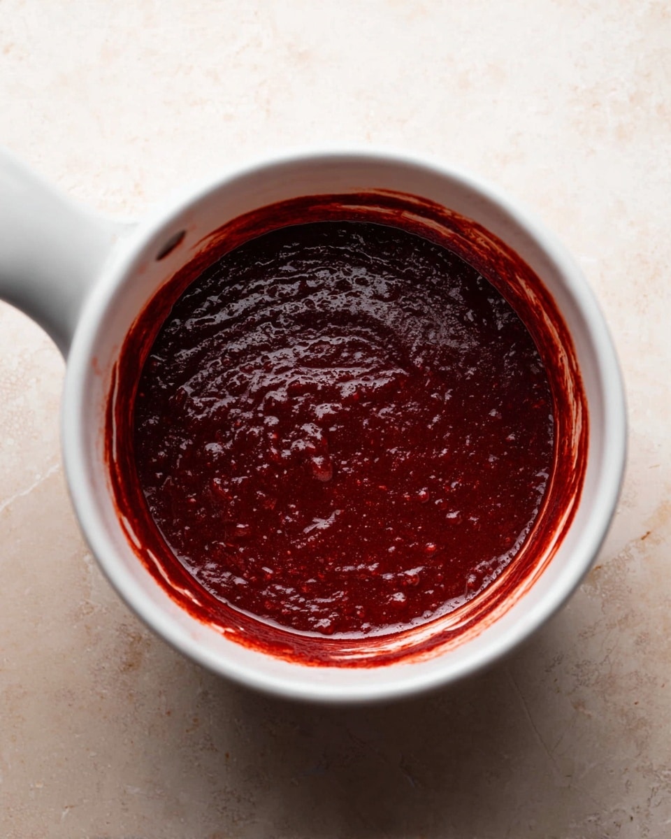 A white pot filled with a thick, dark red sauce that has a slightly glossy and textured surface, sitting on a white marbled texture background. The sauce spreads evenly inside the pot, with some streaks on the inner sides showing its rich texture. The pot handle is visible on the left side. photo taken with an iphone --ar 4:5 --v 7