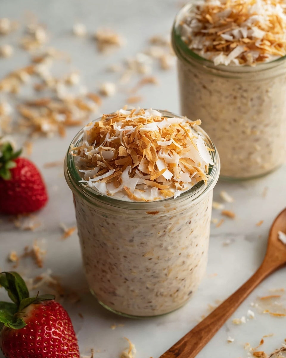 Two clear glass jars filled with a thick, creamy oatmeal mixture showing visible oatmeal grains throughout. Each jar is topped with a generous layer of toasted shredded coconut, golden brown in color. The jars are placed on a white marbled surface with scattered toasted coconut flakes and oatmeal grains. A wooden spoon is seen to the side, and a ripe red strawberry with green leaves is near the bottom left corner. The scene is softly lit, highlighting the texture of the oatmeal and the toasted coconut. photo taken with an iphone --ar 4:5 --v 7