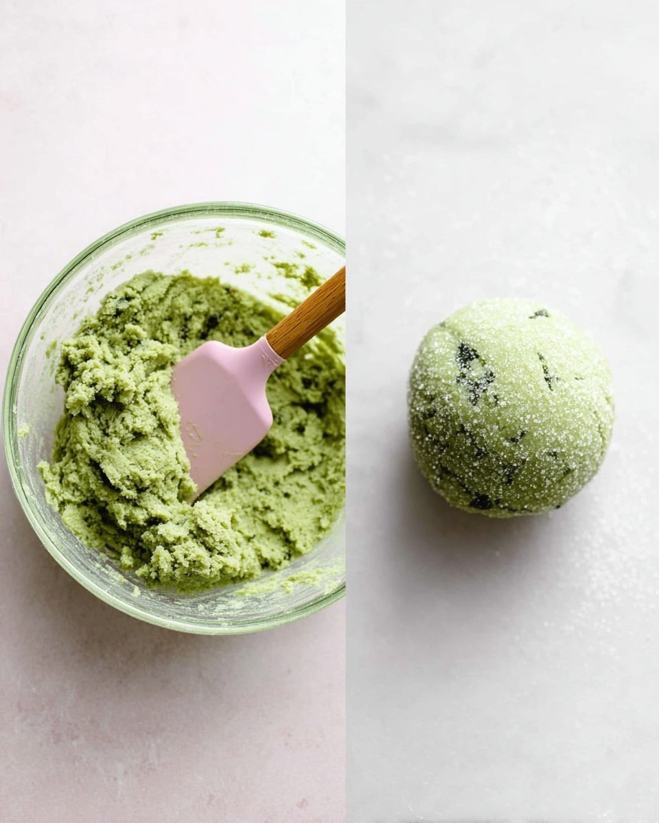 The image shows two parts: on the left, there is a clear glass bowl with thick, green dough inside that has a textured, slightly rough surface. A pink spatula with a wooden handle is resting in the bowl, partially covered in the dough. On the right, placed on a white marbled surface, there is a round green dough ball rolled in sugar crystals, making the surface look sparkling and grainy. The dough ball has small dark green flecks and some cracks on its surface. photo taken with an iphone --ar 4:5 --v 7