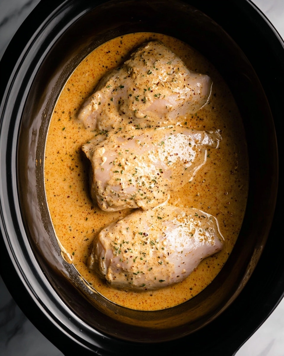 Inside a black slow cooker, three raw chicken pieces sit side by side, fully covered in a creamy, light orange sauce speckled with small bits of herbs and black pepper. The chicken has a smooth, pale pink surface visible beneath the sauce, which has a slight shine and a thick, smooth texture that pools evenly around the meat. The slow cooker bowl is round and deep, with the dark interior contrasting with the warm color of the sauce and chicken. The photo was taken on a white marbled surface. photo taken with an iphone --ar 4:5 --v 7