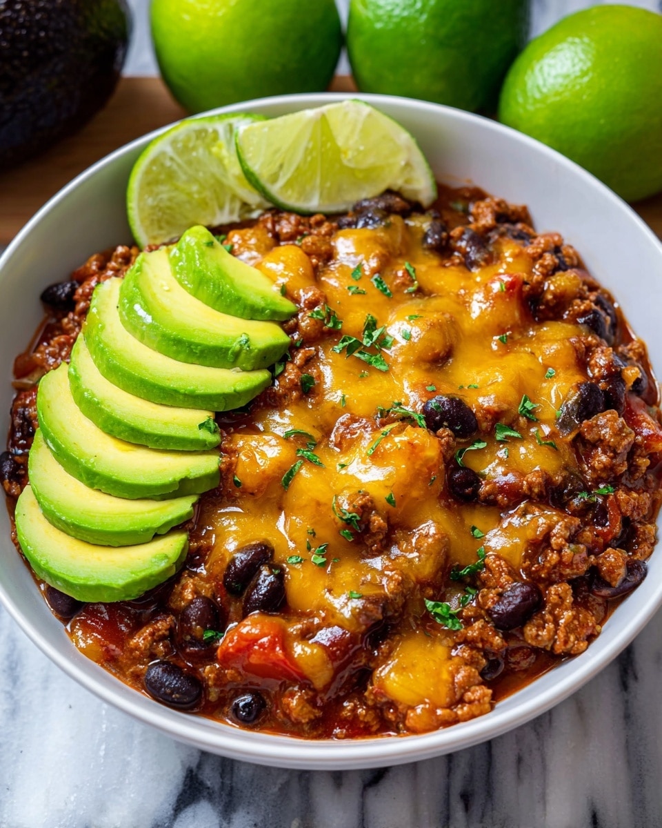 A close-up of a white bowl filled with a layered chili dish, showing cooked ground meat mixed with black beans and small pieces of tomato in a reddish-brown sauce at the bottom layer. On top, melted yellow cheddar cheese is spread unevenly, slightly glossy and rich. To the side, bright green slices of avocado lay neatly, along with two lime wedges standing upright near the edge. The chili is sprinkled lightly with finely chopped fresh green herbs as garnish. The bowl sits on a white marbled surface, and in the background, whole limes and avocados are partly visible. Photo taken with an iphone --ar 4:5 --v 7