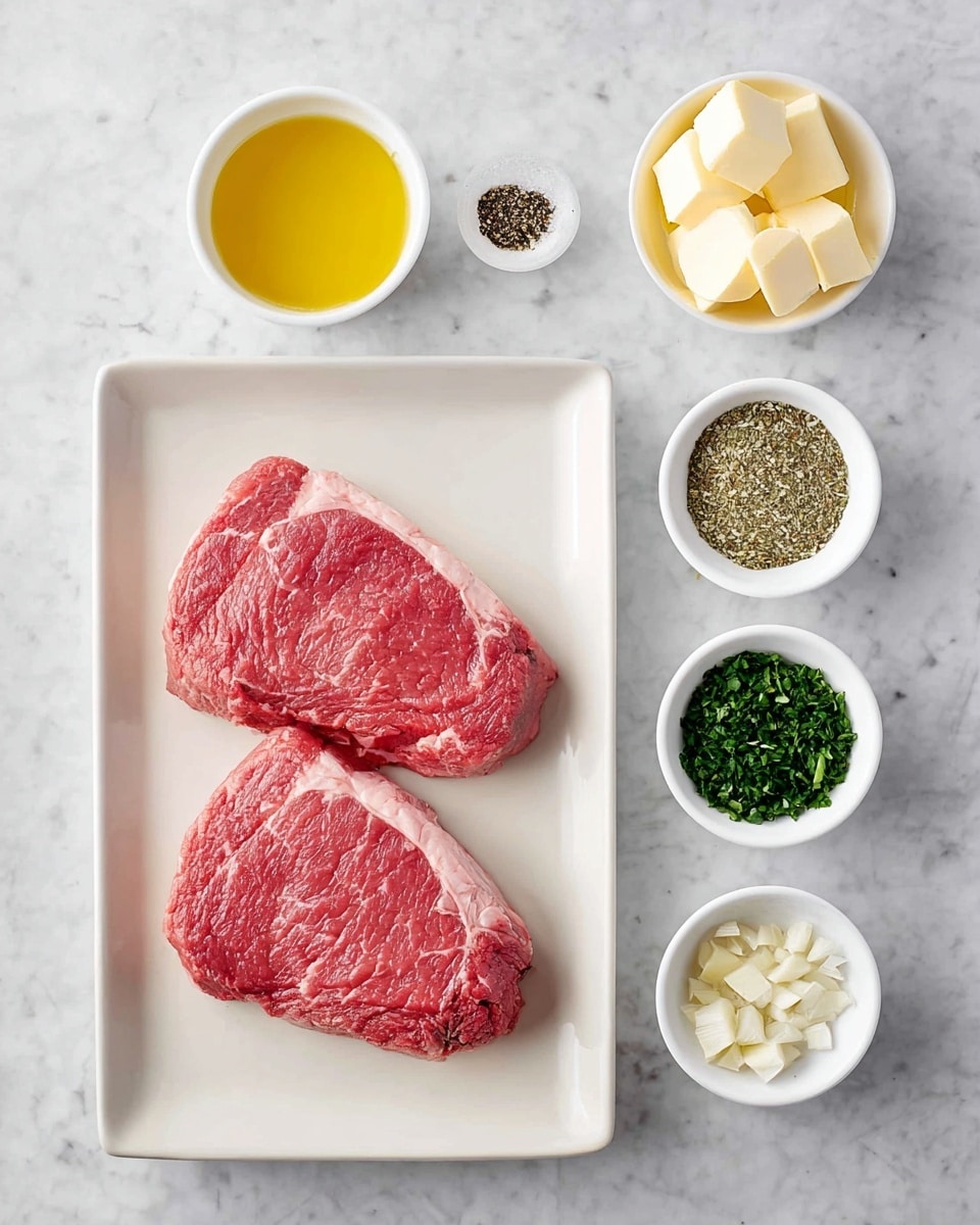 The image shows two raw steaks placed side by side on a rectangular white plate with a slight border, positioned towards the bottom left. Above the plate, there are four small white bowls arranged in a grid: the top left bowl contains a yellow liquid (oil), the top right bowl has several white butter pieces, the bottom left bowl is filled with black pepper, and the bottom right bowl has a mixture of dry herbs. To the right of the steak plate, there are three more small white bowls stacked vertically: the top bowl holds chopped green herbs, the middle bowl contains white salt, and the bottom bowl has minced garlic. All items are set on a surface with a white marbled texture. Photo taken with an iphone --ar 4:5 --v 7