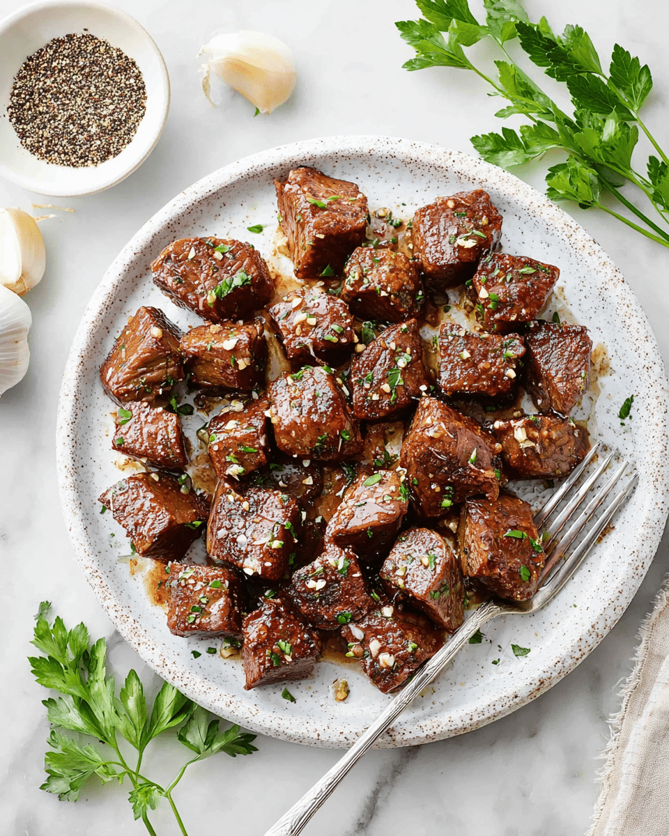A white speckled plate holds about thirty small, glossy brown beef cubes, each piece showing a slight char and sprinkle of green herbs and tiny bits of garlic on top. The beef cubes are arranged close together, covering almost the entire plate with a shiny sauce coating them. A silver fork rests on the bottom right edge of the plate, with its prongs pointed inward. Around the plate, there are some fresh green parsley sprigs and whole garlic cloves, alongside a small white bowl filled with cracked black pepper. The setting is on a white marbled surface. Photo taken with an iphone --ar 4:5 --v 7