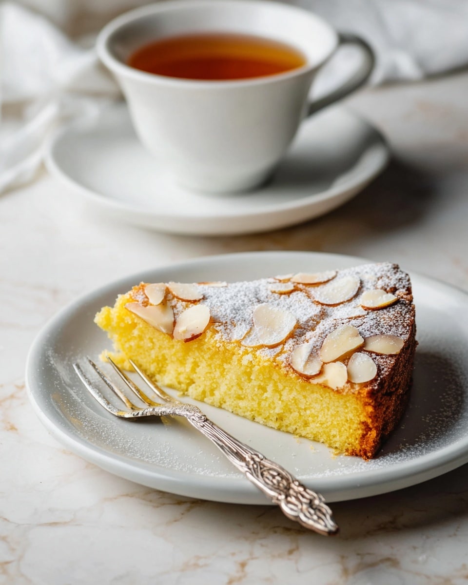 A slice of yellow almond cake with a slightly browned top layer sprinkled with powdered sugar and thin almond slices sits on a white plate with a light glossy finish. A detailed silver fork is placed on the left side of the cake slice, resting on the plate. In the background, there is a white cup filled with tea on a matching white saucer, all set on a white marbled surface. The image is softly lit, giving a warm and cozy feel. photo taken with an iphone --ar 4:5 --v 7
