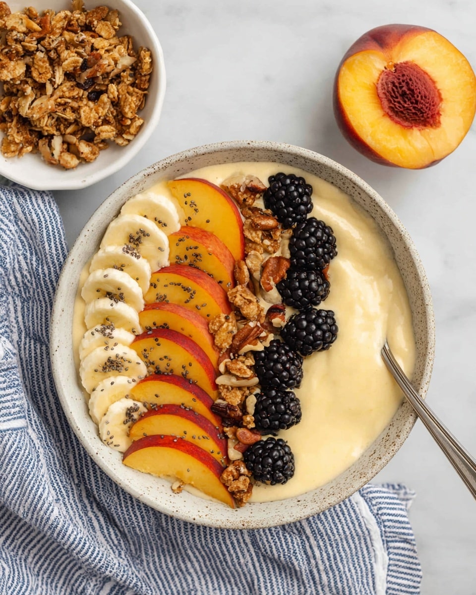 A white speckled bowl is filled with a creamy light yellow smoothie base. On top, there are five curved slices of banana arranged along the left edge. Next to the bananas is a row of orange peach slices sprinkled with small black chia seeds. In the center, there is a strip of crunchy granola grains mixed with nuts. On the right side, seven blackberries are placed on the creamy base. A silver spoon rests inside the bowl on the right edge. To the upper left of the bowl, there is a small white bowl filled with granola, resting on a blue and white striped cloth. Above the bowl, half of a peach with its pit showing lies on a white marbled surface. Photo taken with an iphone --ar 4:5 --v 7