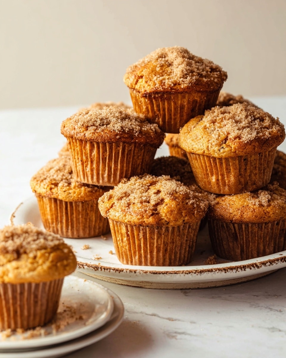 A group of eight golden brown muffins with a soft, crumbly texture is stacked on a round white plate with a rustic edge, sitting on a white marbled surface. Each muffin has a slightly rough top sprinkled with a light dusting of crumb topping, giving a warm and homey feel. The muffins are in brown paper liners with visible ridges, showing the moist interior and coarse crumbs on one muffin in the foreground, which rests on a small white plate. The background is plain and softly lit, highlighting the muffins' natural colors and textures. photo taken with an iphone --ar 4:5 --v 7