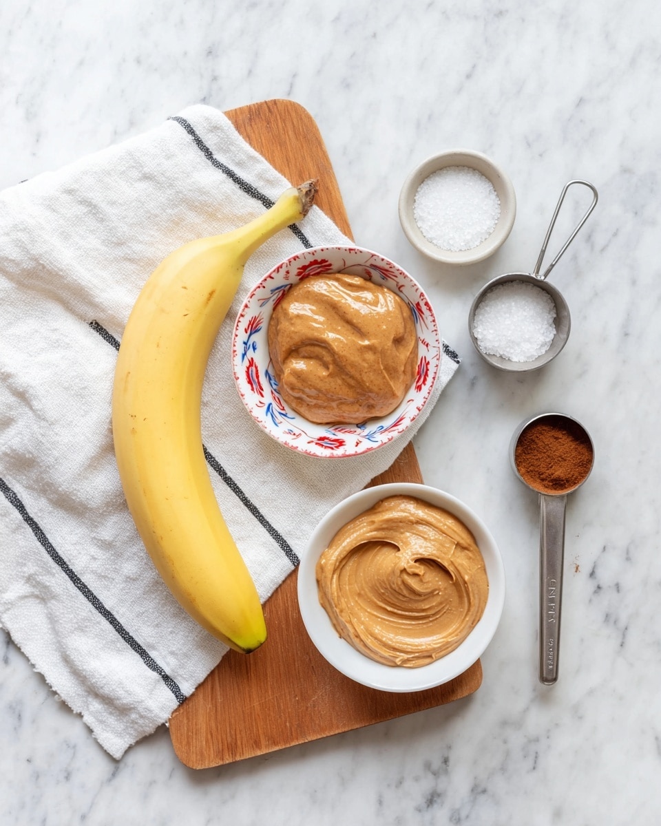 A smooth yellow banana lies diagonally on a small wooden cutting board next to a white cloth with black stripes, placed on a white marbled surface. To the top left of the banana, there is a small white bowl with red and blue floral patterns holding a dollop of creamy brown almond butter. To the bottom right of the banana, a plain white bowl contains a swirl of thicker light brown peanut butter. Above them, a small metal rectangular container holds coarse white salt, and next to it on the right is a metal measuring spoon filled with a dark brown powder, likely cinnamon. Photo taken with an iphone --ar 4:5 --v 7