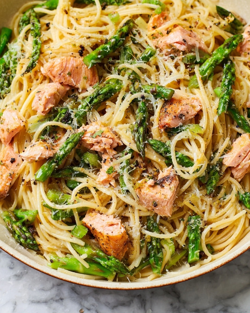 A close-up view of a white plate filled with spaghetti pasta, topped with pieces of cooked salmon that are light pink with a slightly crispy texture, and vibrant green asparagus cut into short segments spread evenly throughout. The pasta is lightly coated with a sauce that has a creamy, slightly glossy look, sprinkled with grated cheese and small black pepper flakes on top, all set against a white marbled texture background. photo taken with an iphone --ar 4:5 --v 7