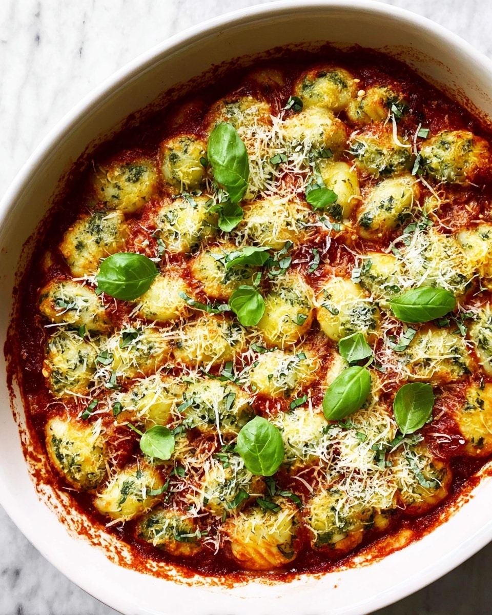 This image shows a white baking dish filled with a tomato sauce base that is rich red and slightly chunky. On top, there are about three layers of small, oval-shaped dumplings or gnocchi with green herbs mixed in, giving them a textured, leafy appearance. The top layer is covered with grated cheese that melts slightly, adding a pale, stringy texture across the dish. Fresh green basil leaves are scattered on top as a finishing touch. The dish sits on a white marbled surface. Photo taken with an iphone --ar 4:5 --v 7