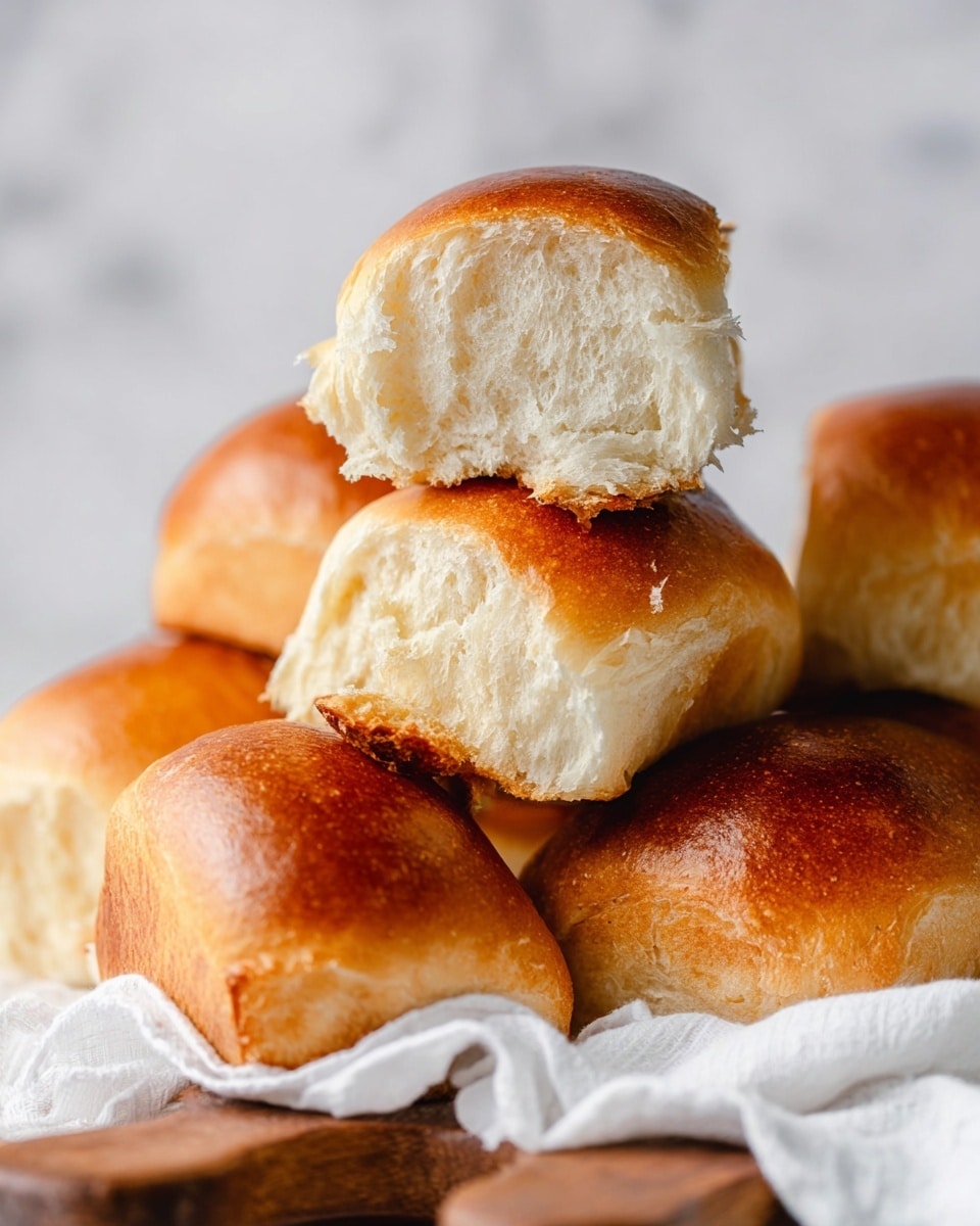The image shows a close-up of soft bread rolls stacked in a small pile. The top roll is split open to show its fluffy, light inside which is creamy white and airy in texture. The rolls have a shiny, golden brown crust that contrasts with the soft inner bread. They rest on a white cloth that lies on a wooden board, all placed on a white marbled surface with a soft and bright background. photo taken with an iphone --ar 4:5 --v 7