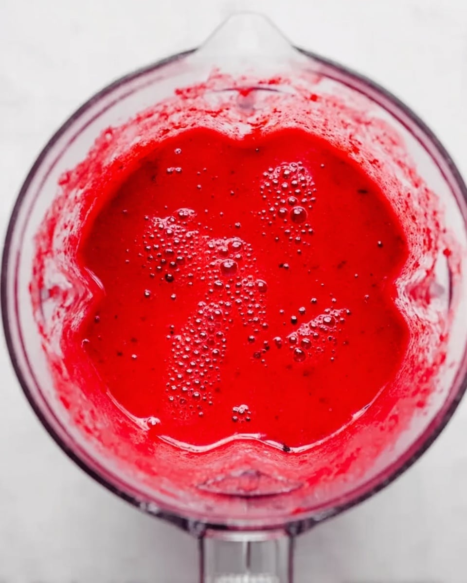 A clear blender bowl filled with a smooth, bright red sauce covered with small air bubbles both on the surface and clinging to the sides. The thick liquid has a few tiny dark seeds scattered throughout, visible against the vivid red color. The blender’s clear plastic blades are partly submerged at the center, with sauce splattered a little on the inner walls. The background is a white marbled texture. photo taken with an iphone --ar 4:5 --v 7