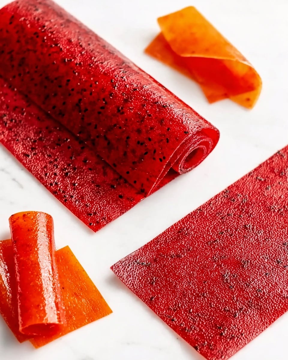 The image shows a red fruit leather sheet with a shiny, slightly textured surface, sprinkled with small black seeds. One sheet is flat on a white marbled surface, while another is rolled into a tight cylinder, revealing its inside layers. Around them, there are pieces of a smooth, shiny orange fruit leather sheet, all placed on the same white marbled surface, creating a clean and bright backdrop. Photo taken with an iphone --ar 4:5 --v 7