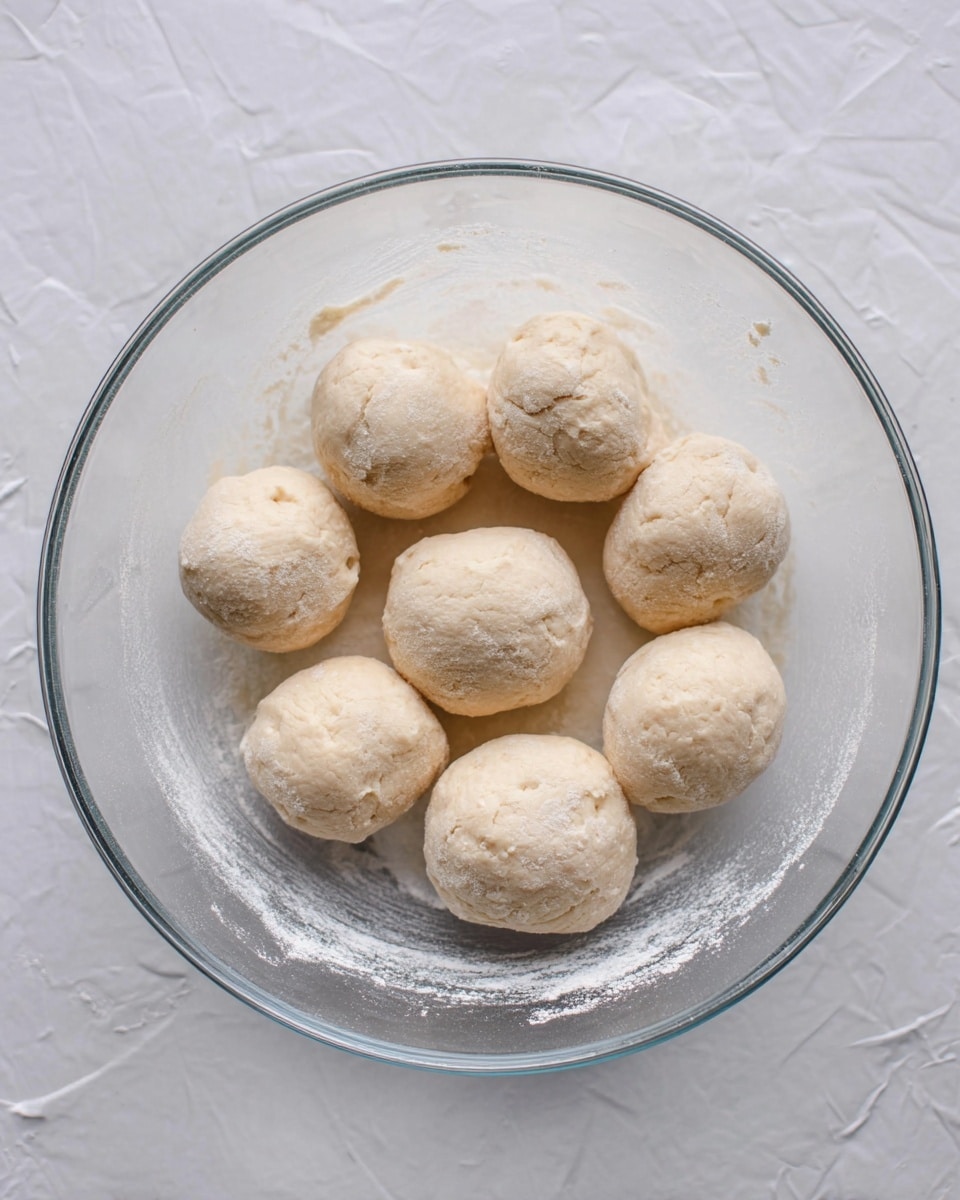 The image shows a clear glass bowl placed on a white marbled surface. Inside the bowl, there are eight small round dough balls arranged in a loose circle. The dough balls are pale beige with a slightly rough and uneven texture, indicating they have just been made and are resting. The bowl has some flour or dough residue on its inner sides, adding to the fresh preparation feel. Photo taken with an iphone --ar 4:5 --v 7