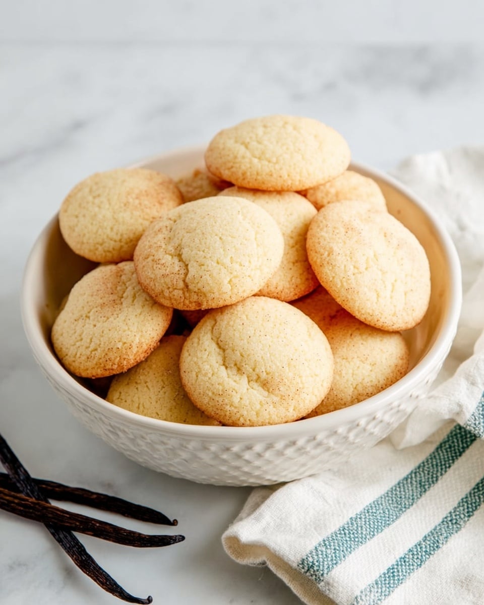 A white bowl filled with many small, round, light golden cookies stacked on top of each other. The cookies have a smooth texture with slight cracks and a gently browned edge. The bowl has a subtle decorative edge and sits on a white marbled surface. Next to the bowl, there is a white cloth with teal stripes and some dark brown vanilla beans placed on the surface. Photo taken with an iphone --ar 4:5 --v 7