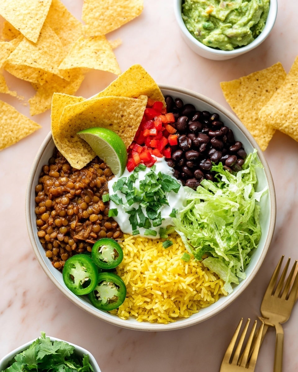 The image shows a white bowl with six layers arranged in sections. Starting from the bottom left, there are brown lentils in a sauce, next to bright yellow rice at the bottom right, fresh green sliced jalapeños just above the rice, and shredded green lettuce in the upper right. Above the lentils, there are black beans, with bright red diced peppers next to them at the top left. At the center, a dollop of white sour cream is topped with chopped green onions and cilantro leaves. A lime wedge rests on the edge of the bowl near the black beans. On the side of the bowl, crispy yellow tortilla chips stick out. The bowl sits on a white marbled surface, with a small white bowl of guacamole and some more tortilla chips scattered around. Two gold forks lie beside the bowl. photo taken with an iphone --ar 4:5 --v 7