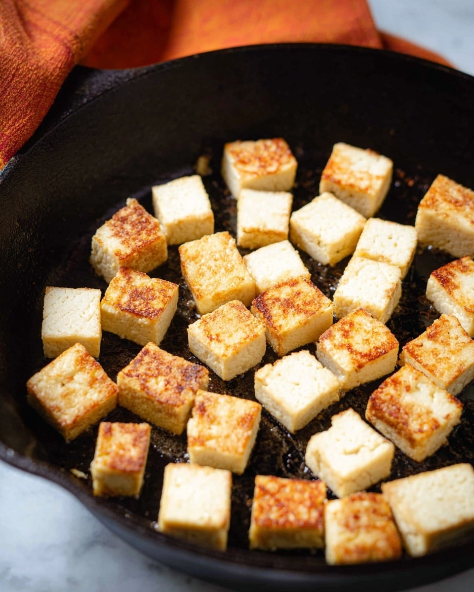 The image shows many small white cubes of tofu cooking in a black cast iron pan. Each tofu cube has a golden brown, crispy edge on the top and some sides, with a soft white interior visible. The cubes are spread out evenly in the pan, with slight variations in their browning. The pan sits on a white marbled surface, and an orange cloth is seen blurred in the background. Photo taken with an iphone --ar 4:5 --v 7