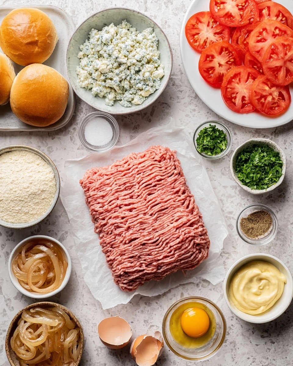 A flat layer of raw pink ground meat sits in the center on white parchment paper, surrounded by small bowls of ingredients on a white marbled surface. On the left, a white bowl filled with white and blue crumbly cheese sits above sliced bright red tomatoes on a white plate and three shiny golden-brown round buns. Above the meat are small bowls with chopped green herbs, light brown powder, dark coarse pepper, and white salt. To the right, there are small bowls holding white flour, dark brown liquid, light yellow mayonnaise, and golden caramelized onions. In the bottom center, a white bowl contains a cracked raw egg with a yellow yolk, and some broken eggshells sit nearby. photo taken with an iphone --ar 4:5 --v 7