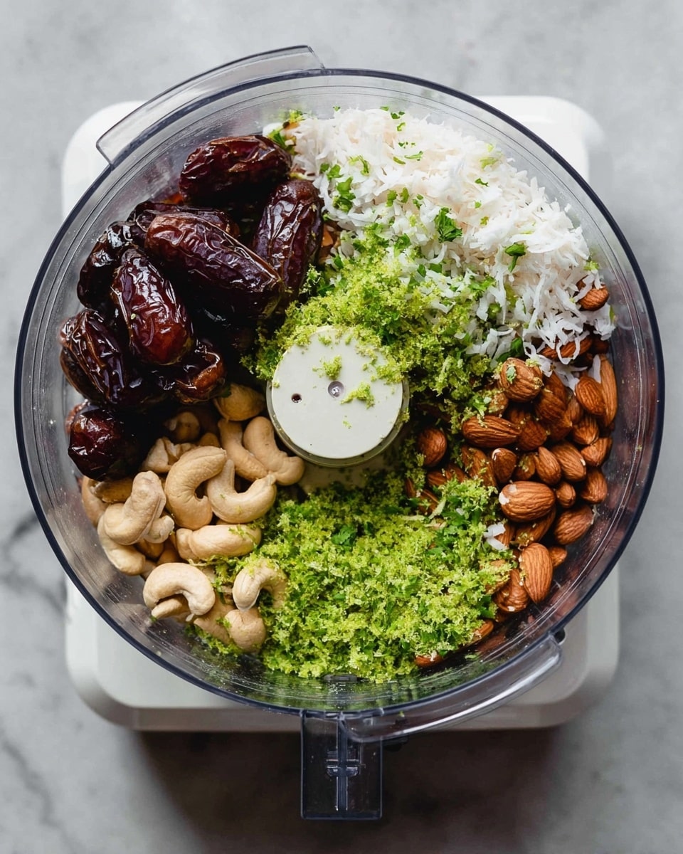 A food processor bowl filled with different ingredients arranged in sections on top. Starting from the left, there is a group of dark brown dates with a glossy texture, followed by a cluster of light brown cashew nuts with a smooth surface. In the center, there is a pile of finely grated bright green zest, likely lime or lemon. On the right side, there are two sections: one with medium brown whole almonds with a dry texture, and next to it, white coconut flakes with a slightly rough texture and a few smaller green zest pieces mixed in. The bowl is clear, showing all the layers inside, and it sits on a white base on a white marbled textured surface. photo taken with an iphone --ar 4:5 --v 7