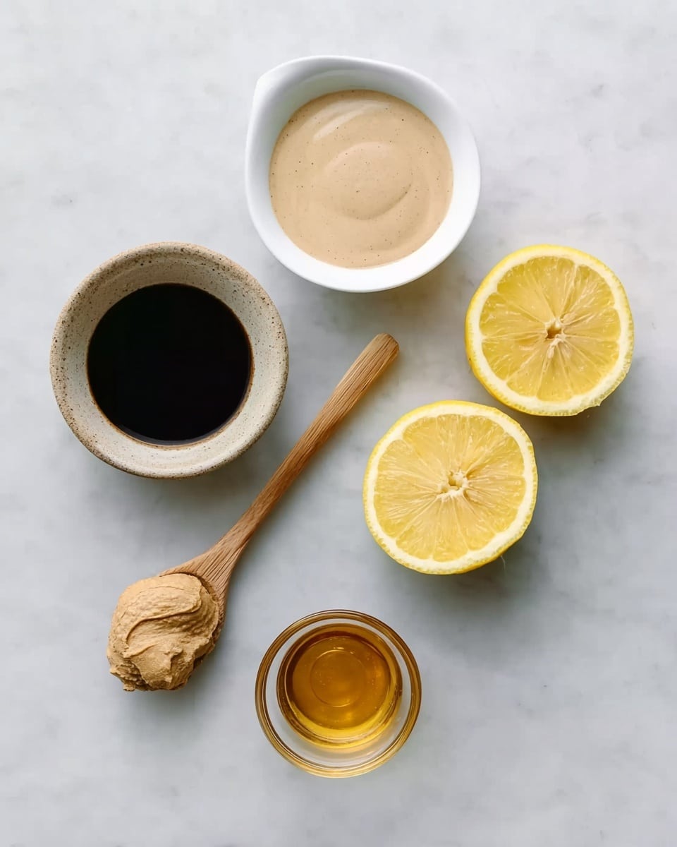 A flat lay of five ingredients arranged on a white marbled surface: a small white bowl filled with a smooth light beige creamy sauce at the top center; two bright yellow lemon halves with visible seeds placed side by side on the right; a small beige ceramic bowl holding dark brown soy sauce near the bottom left; a clear glass bowl with golden brown honey below the lemon halves; and a wooden spoon with a scoop of light brown thick paste resting diagonally at the bottom left. The scene is bright and minimal. photo taken with an iphone --ar 4:5 --v 7