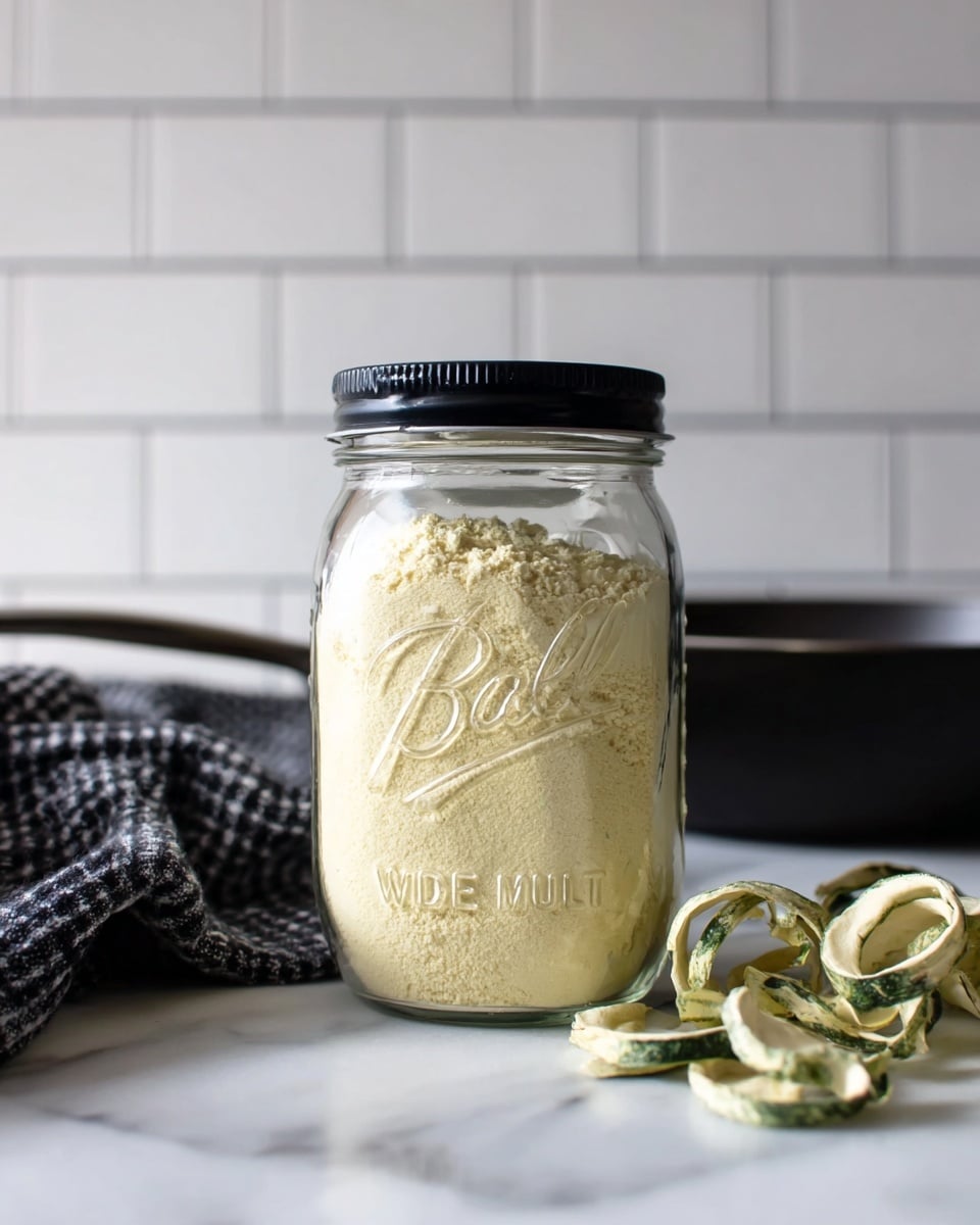 A clear glass jar with a black lid is filled with a light yellow powder, sitting on a white marbled surface. The jar has the brand name