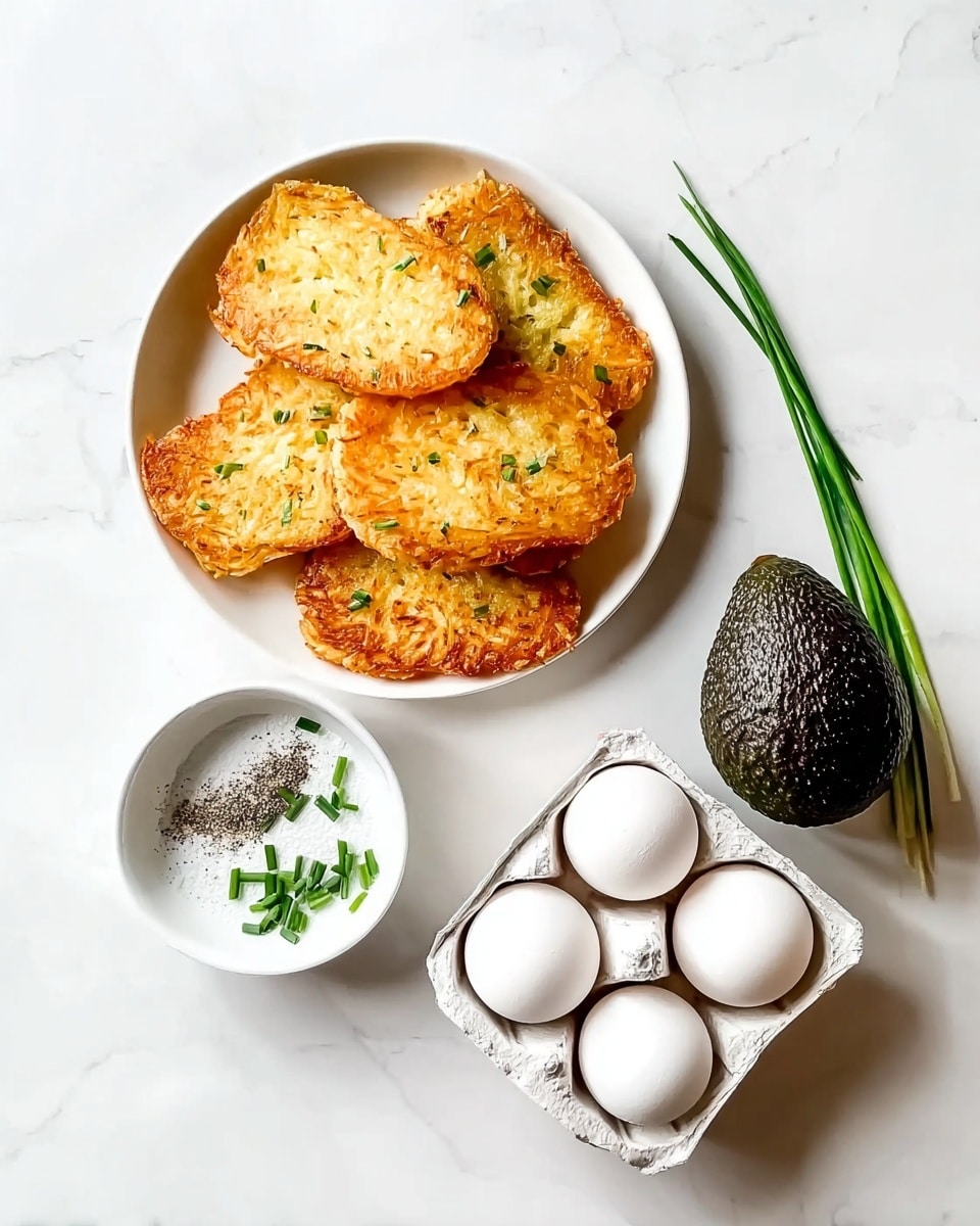 The image shows five slices of light golden toast with a crisp texture, arranged in a slightly overlapping circle on a white round plate. Below the plate, there is a small white round dish containing thin green chives and black pepper on a bed of white salt. Next to the dish is a rectangular white ceramic container holding one avocado with dark green, bumpy skin and five white eggs, all positioned on a white marbled surface. Photo taken with an iphone --ar 4:5 --v 7