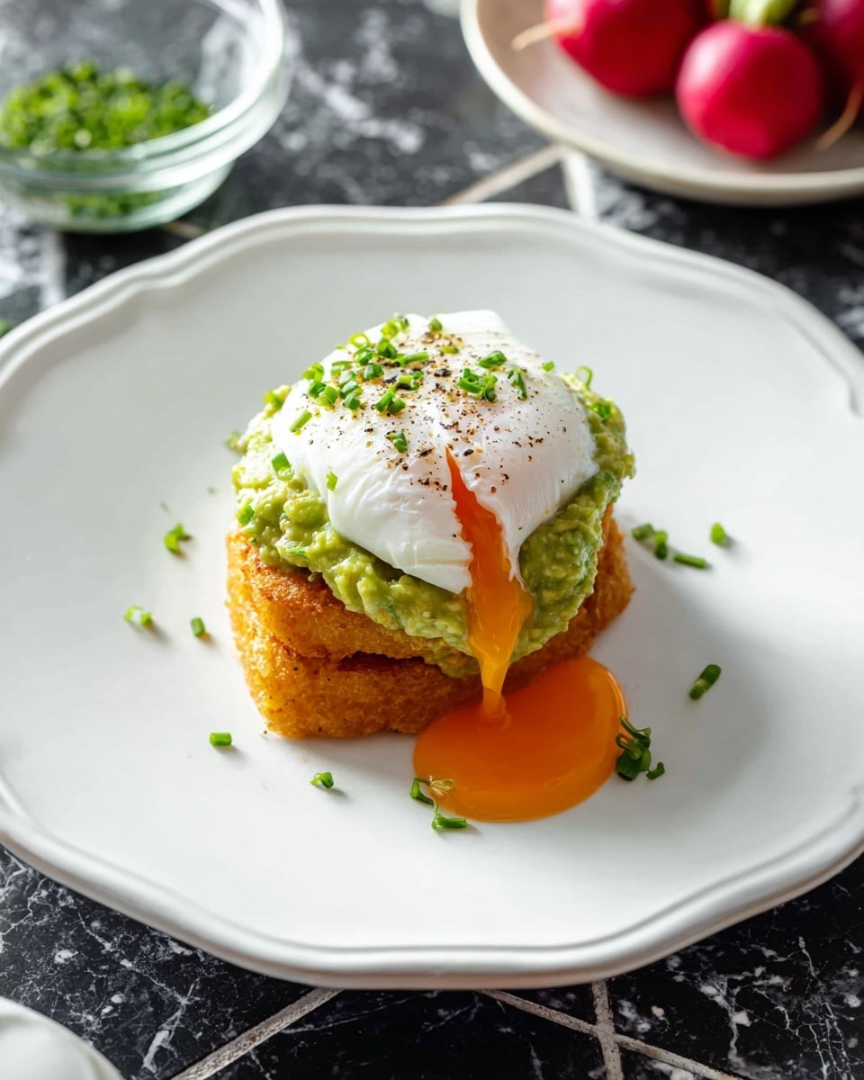 A single poached white egg with a soft texture sits at the top, sprinkled with chopped green chives and black pepper. Below it is a layer of bright green mashed avocado, spread thickly over two golden brown rectangular hash browns stacked one on top of the other. The runny orange yolk flows down the side of the egg onto a white plate with a gentle scalloped edge. The plate rests on a dark tiled surface with a white marbled texture. In the background, there is a small rounded glass bowl with green seasoning and a corner of a white dish holding red radishes and a small red tomato. Photo taken with an iphone --ar 4:5 --v 7