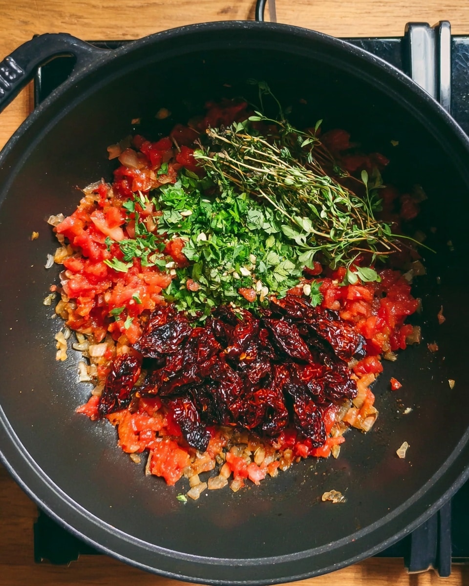 Inside a black cooking pot, there is a mix of finely chopped onions and bright red tomatoes spread mostly around the edges, creating a reddish-orange border. In the center, there are fresh green herb leaves and sprigs, along with a pile of dark red sun-dried tomatoes that add a rich, textured look. The pot sits on a stovetop with a wooden surface partly visible around it. photo taken with an iphone --ar 4:5 --v 7