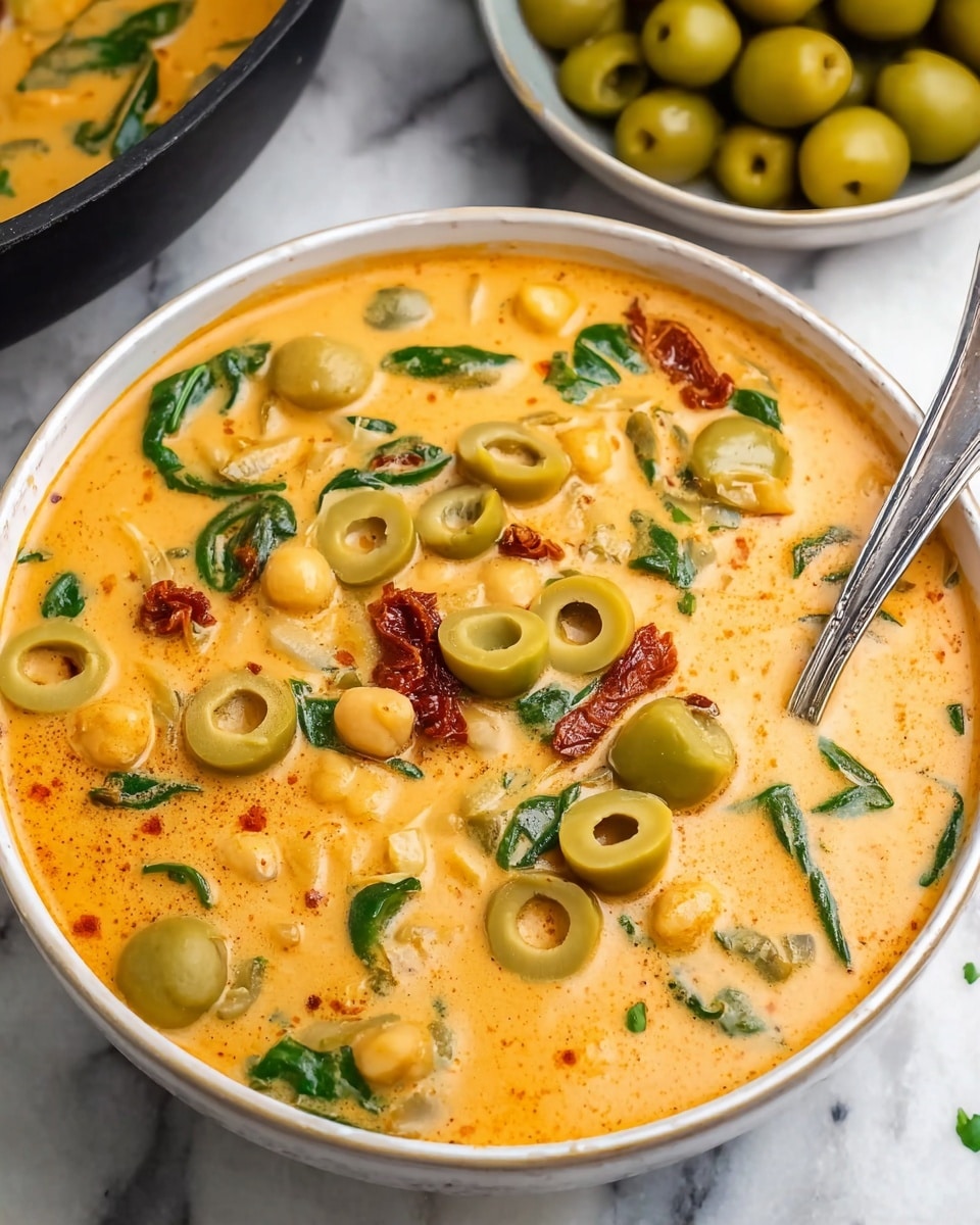 The image shows a creamy orange soup in a white bowl, filled with light green sliced olives, round chickpeas, small pieces of spinach, and bits of sun-dried tomatoes scattered throughout. The soup has a smooth, thick texture with visible spices and herbs floating on the surface. A silver spoon rests inside the bowl on the right side. In the background, there is a white bowl full of whole green olives placed on a white marbled surface. Photo taken with an iphone --ar 4:5 --v 7