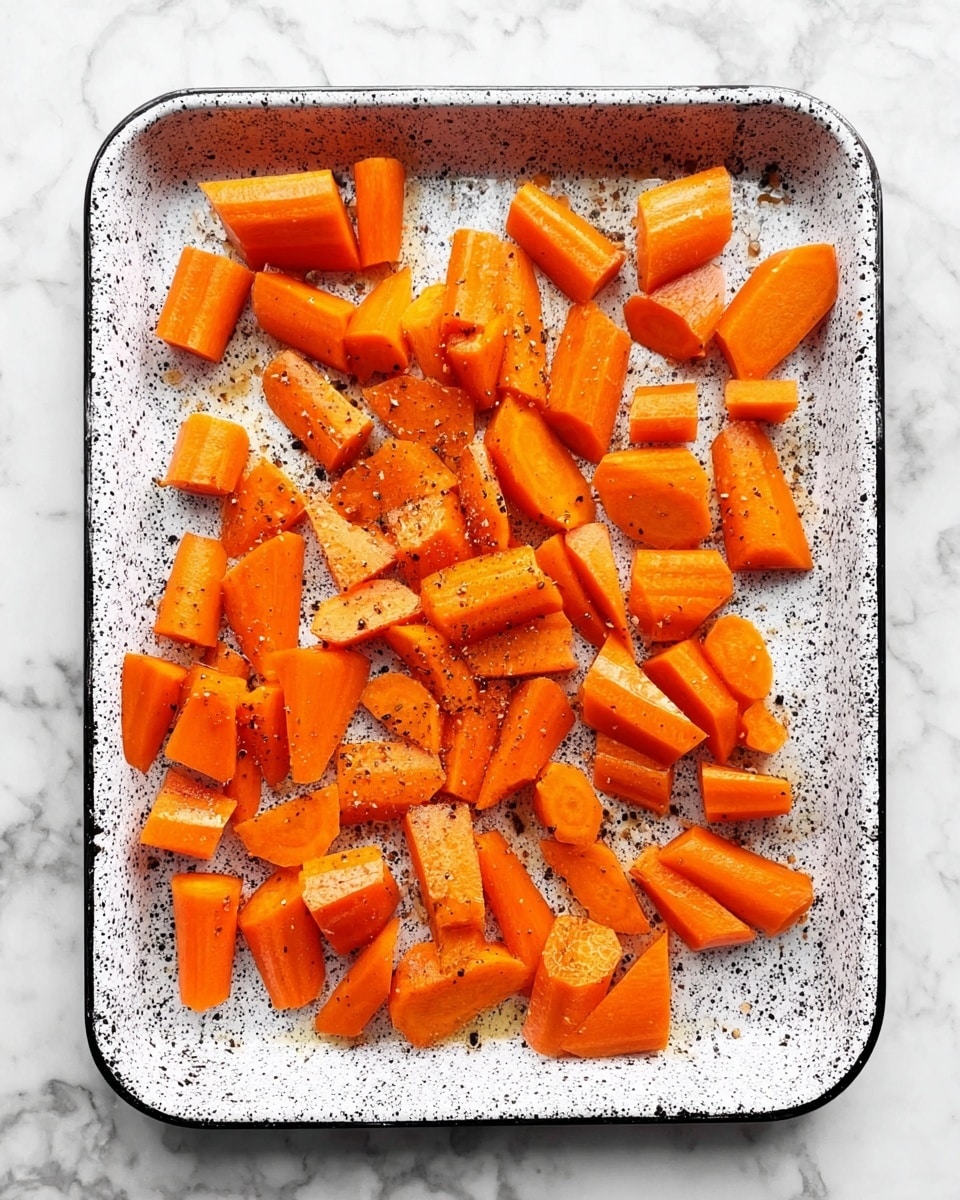 A white baking tray with black speckles holds many pieces of bright orange carrot chunks spread out evenly. The carrots are cut into various thick slices and chunks with some round and some angled edges. The carrots are lightly coated with oil and sprinkled with small black pepper bits. The tray sits on a white marbled surface. photo taken with an iphone --ar 4:5 --v 7