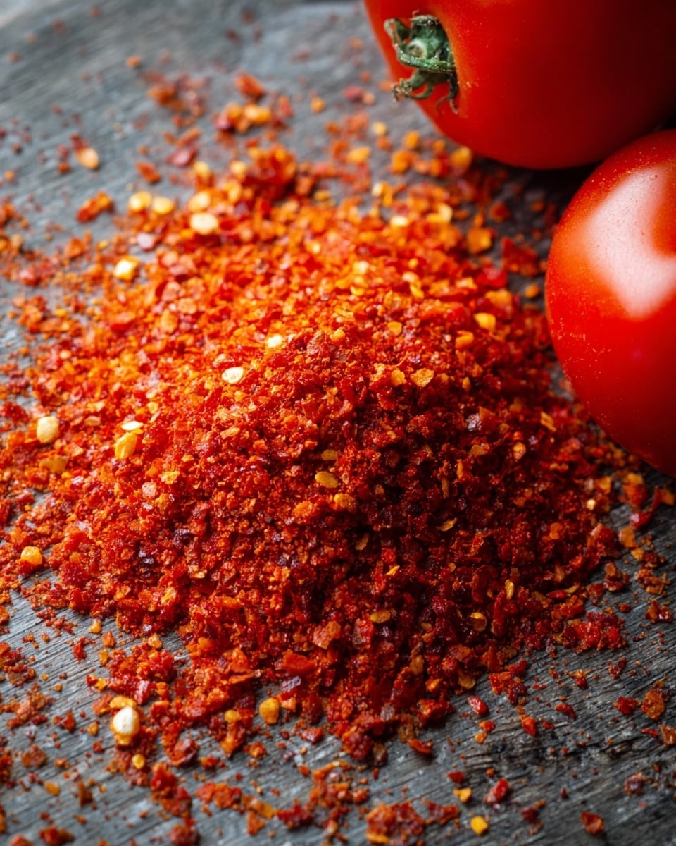 A close-up image shows a pile of bright red crushed chili flakes with different sizes and textures, ranging from fine powder to small flakes. The chili flakes cover most of the dark rustic wooden surface, which has a rough texture but is changed to a white marbled texture. Two fresh red tomatoes are placed on the right edge, with smooth shiny skin and small green stems. The focus highlights the vibrant red colors and crumbly texture of the chili flakes, creating a bold and spicy visual contrast with the clean white marble background. photo taken with an iphone --ar 4:5 --v 7